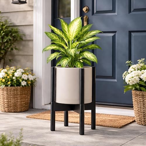 Plastic Pot with Ebony Wood Stand (Oatmeal Pot + Ebony Stand / 8 Inch)
