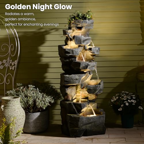 58" H Cascading Realistic Rock Outdoor Water Fountain with 7 Tiers (58H / Gray-3071)