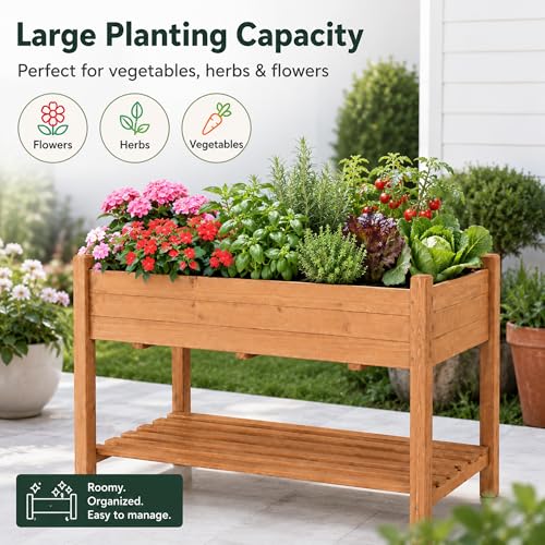 Raised Garden Beds Outdoor with Storage Shelf Fir Wood Planter Raised Beds (Brown / W49.5X D23.5X H30in)
