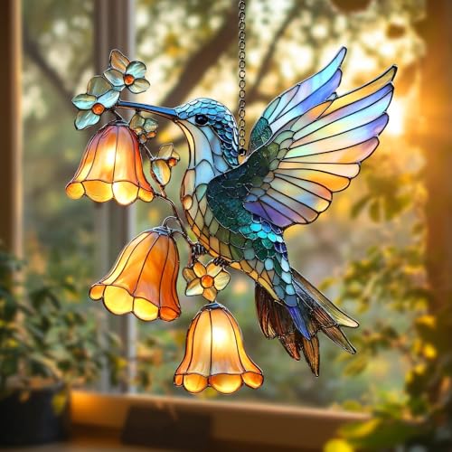 Hummingbird Flower Acrylic Suncatcher Bird Window Hanging Gift for Hummingbird Lover Garden Decor Plant Mom Gift for Mom Grandma (1-fba-ctm-evg-d964-g.2 / 8")