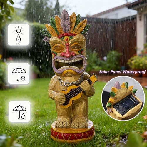 Solar Tiki Garden Statue with LED Eyes Outdoor Resin Ukulele Player Yard Decor Solar Light Hawaiian Style Lawn Ornament for Patio Porch Tiki Bar Decor Best Gift for Tiki Lovers (Ukulele Tiki Statue)