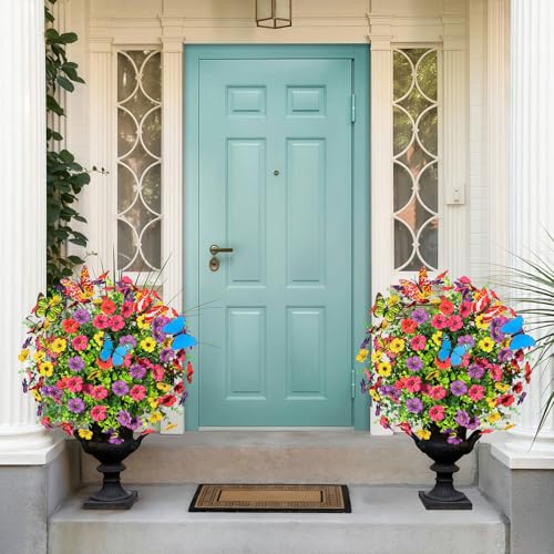 2 PCS Artificial Boxwood Topiary Ball Trees with Flowers (Mix With Butterfly)