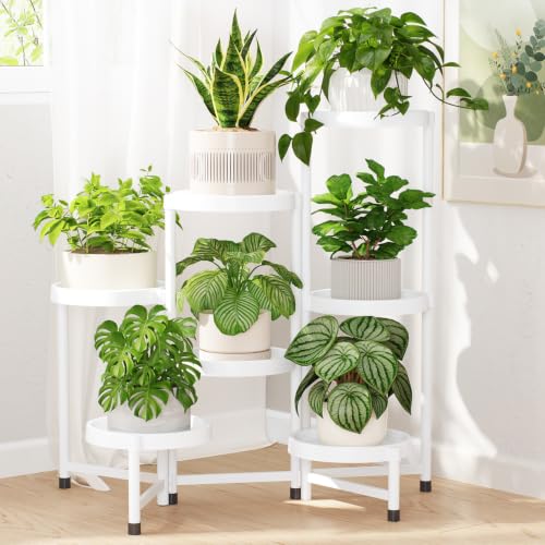 Plant Stand Indoor Outdoor with Large 10 Inch Plastic Tray (Pure White with Large Tray / 7 Tier)