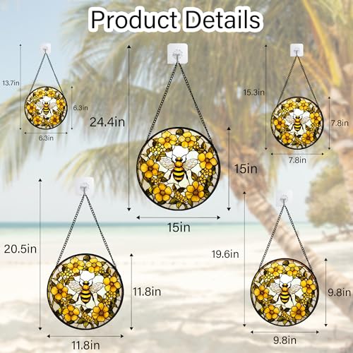 Bee Wreath Stained Glass Window Hanging Suncatcher Gifts for Women 15" (Yellow and White / 15x15 IN)