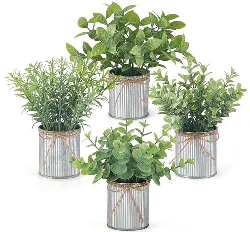 4 Packs Small Fake Plants in Galvanized Pots Rustic Farmhouse Decor (Grey / Small-7.5"H)