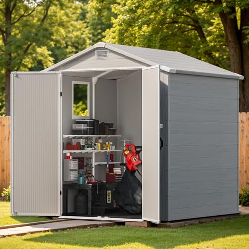 6X6 FT Plastic Outdoor Storage Shed with Floor (Light Gray / 6x6)