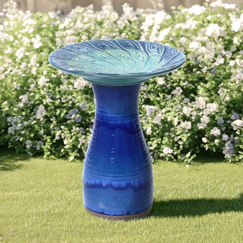 LuxenHome 20" Ceramic Bird Bath for Outside (Navy Blue)
