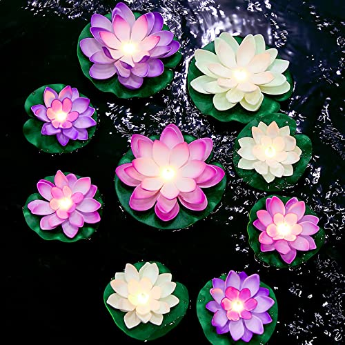 9 Pcs 3.94 5.91 in Floating Lotus Lights with Battery (3.94/ 5.91 Inch / Pink, White, Purple)