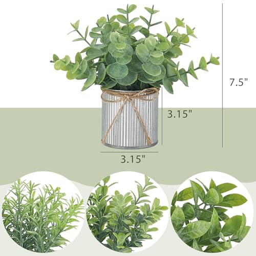4 Packs Small Fake Plants in Galvanized Pots Rustic Farmhouse Decor (Grey / Small-7.5"H)