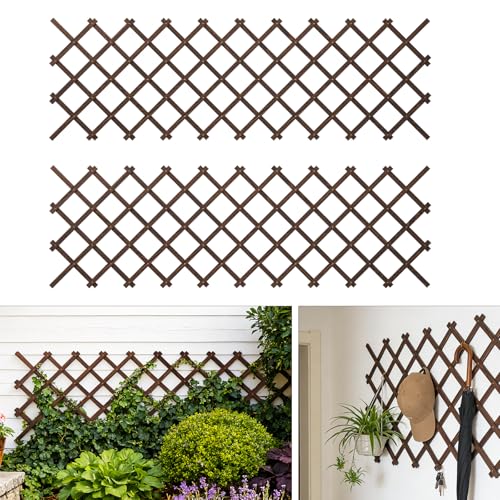 Expandable Wooden Lattice Panels Outdoor Garden Fence Trellis for Climbing Plants Roses Vines Cucumbers Weather Resistant Decorative Wood Privacy Fence (Brown-2PC / 38''x 89'')