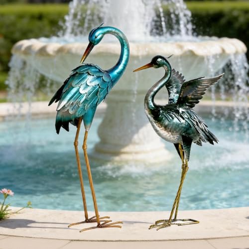 Garden Crane Statues Blue Heron Metal Birds Yard Art Ornament (Dark Blue)