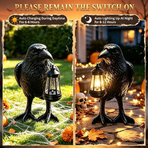 Halloween Crow Solar Garden Statue Outdoor Figurine Halloween Decoration (Black - Crow With Lantern)