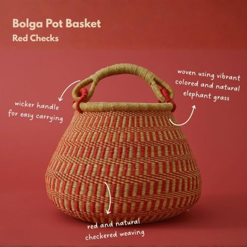 African Bolga Basket with Handle (Checkerd Red)