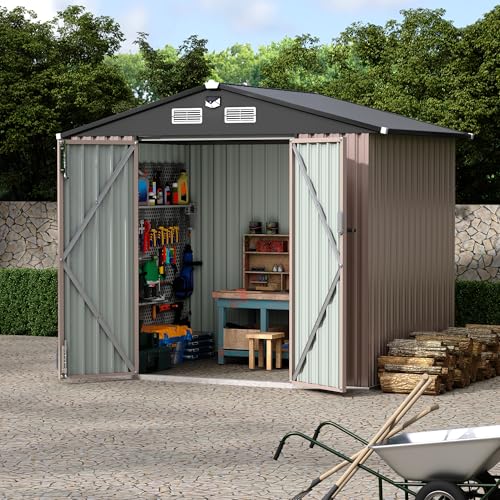 6x8 FT Metal Storage Sheds Outdoor with Solar Light (Brown / 6x8FT with Light)