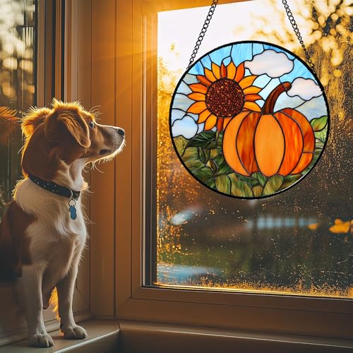 Fall Pumpkin Sunflower Stained Glass Window Hanging Suncatcher Gifts 9.8"