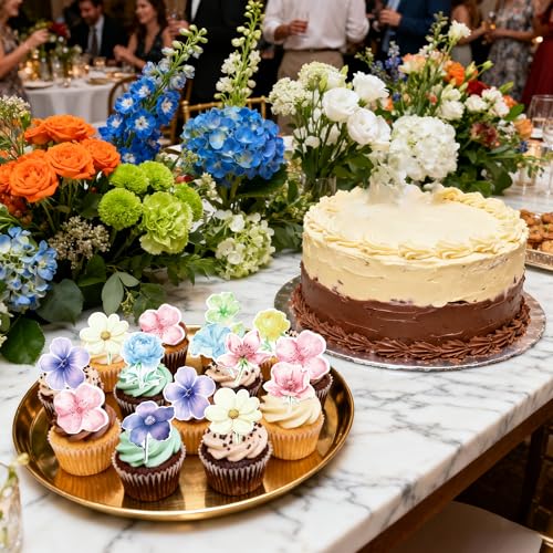 60 PCS Edible Flowers Cupcake Toppers Wafer Paper Daisy Rose Flower Cherry Cupcake Toppers Edible Flowers Cake Decorations for Baby Shower Wedding Birthday Valentine's Day Party Decorations Supplies (Pattern 2)