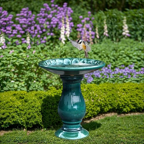 LuxenHome 22 Inch Ceramic Bird Bath for Outside (A Dark Green)