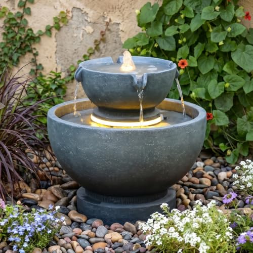 Small Modern Outdoor Water Fountain with Led Lights (15.75H-GRAY / 15.75h-gray)