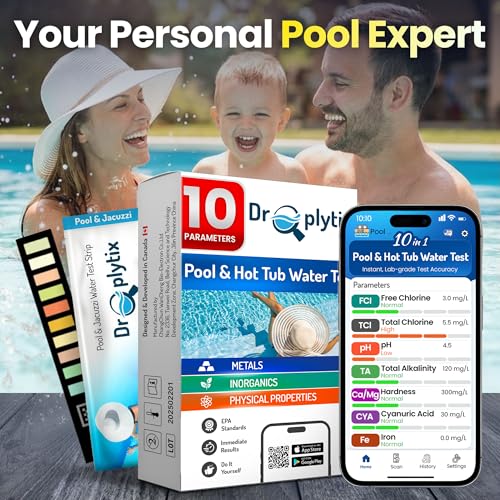10-in-1 Pool & Spa Water Test Kit with App, Hot Tub, Saltwater, Chlorine, Cyanuric Acid, Alkalinity, Hardness, pH, Nitrate, Sulfate, Digital Water Quality Testing Strips (DXPOOL-R10-S10)