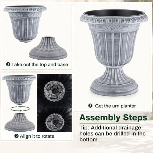 4 Pcs 16 x 18 Inches White Wash Plastic Urn Planter Classic Flower Pots Front Porch Planters Indoor Outdoor Planters with Pedestal for Wedding Party Bridal Shower Garden Patio Porch (16 x 18 Inches / White Wash)