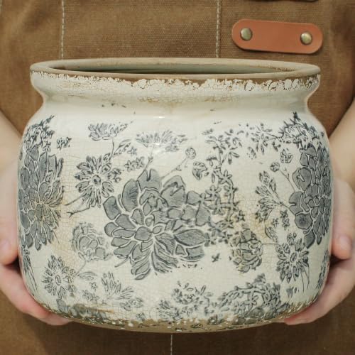 Rustic Ceramic Plant Pot with Decorative Saucer (Gray / 7.7 in - w/ Saucer)