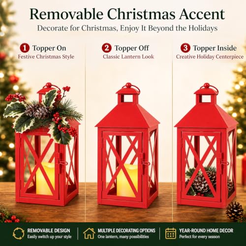 Christmas Lanterns 2 Pack 12'' Red Metal with Candle Holiday Decor