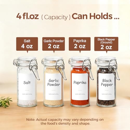 Small Glass Spice Jars with Airtight Lids 4 oz 12 Pack with Labels (4 fl oz x 12)