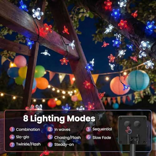 50 LED Solar Flower String Lights Outdoor Waterproof Fairy Lights (Red White&Blue / 1 Pack)