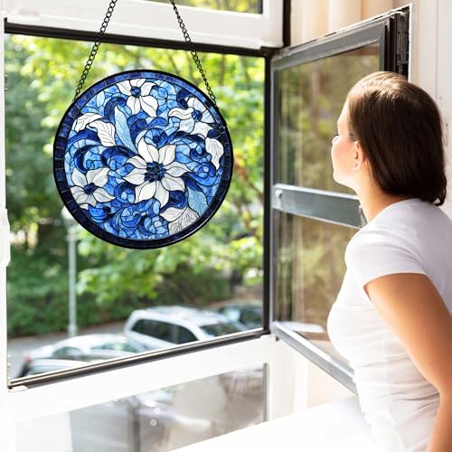 Blue White Flower Stained Glass Window Hanging Suncatcher Gift for Mom 15"