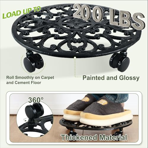 4 Packs 14 Inch Rolling Plant Stand with Wheels Metal Plant Caddy with Wheels Heavy Duty Round Plant Stand Indoor Iron Plants Rollers for Plants (14 inch: 4 pcs / Black)