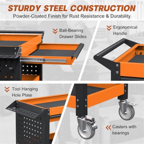 3 Tier Heavy Duty Metal Rolling Tool Cart with Drawers (Orange With Drawers)