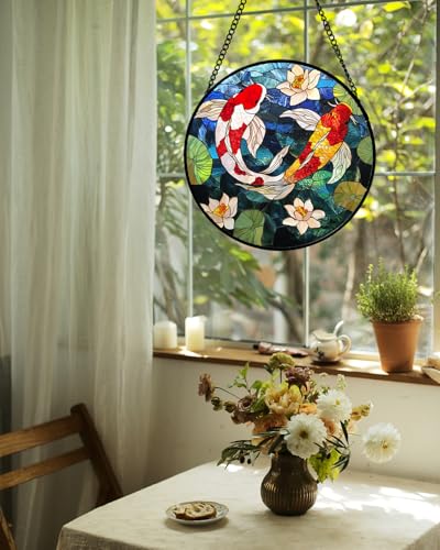 Stained Glass Window Hanging Carp Suncatcher Gifts for Women 9.8" (Red and White / 9.8x9.8 IN)