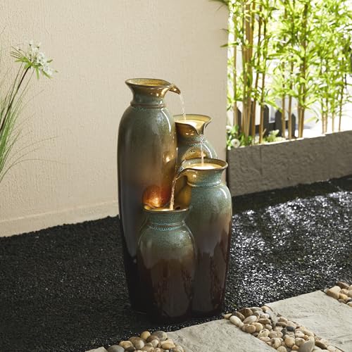 30.75" H Vase Ceramic Outdoor Water Fountain with LED Lights and Pump