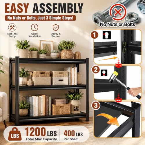 Heavy Duty Metal Bookshelf Adjustable 3 Tier Book Shelf with Bolt (3Tier 31.5"H×35.4"W×13.8"D)