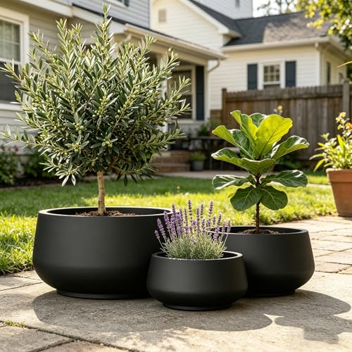 Set of 3 Black Concrete Shallow Planters 21.6" 16.9" 12.5" Dia (Black / 21.6",16.9",and 12.5" Dia)