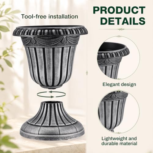 4 Pcs 13 x 15 Inches Silver Plastic Urn Planter Classic Flower Pots Front Porch Planters Indoor Outdoor Planters with Pedestal for Wedding Party Bridal Shower Garden Patio Porch (13 x 15 Inches / Silver)