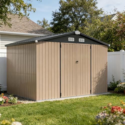 10 x 8FT Outdoor Storage Shed with Double Hinged Door (Brown / 10'x8')
