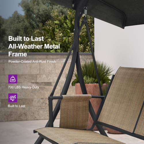 3 Seat Outdoor Porch Swing with Adjustable Canopy (Camel(textilene) / Porch Swing)