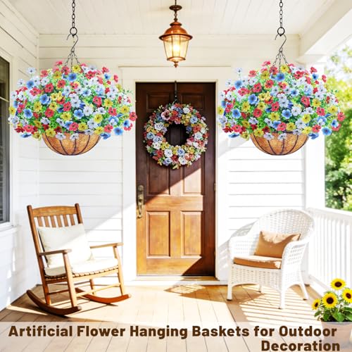 2 Set Artfiticial Hanging Flowers with Basket & Foam Outdoor (Red White Blue Yellow / 2 Pcs)