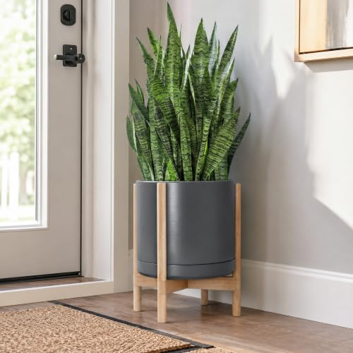 Ceramic Pot with Natural Wood Stand (14 Inch / Grey Pot + Natural Stand)