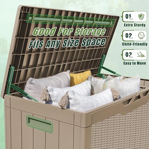 100 Gallon Resin Deck Box Large Outdoor Storage with Cushions for Patio Furniture (Light Coffee / 100 Gallon with Cushion)