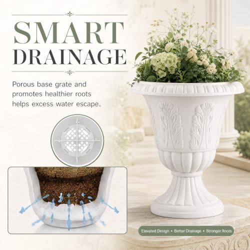4 Pcs White 14.6 x 16.1 Inches Plastic Urn Planter Classic Flower Pots Front Porch Planters Indoor Outdoor Planters with Pedestal for Wedding Party Bridal Shower Garden Patio Porch (14.6 x 16.1 Inches / White)