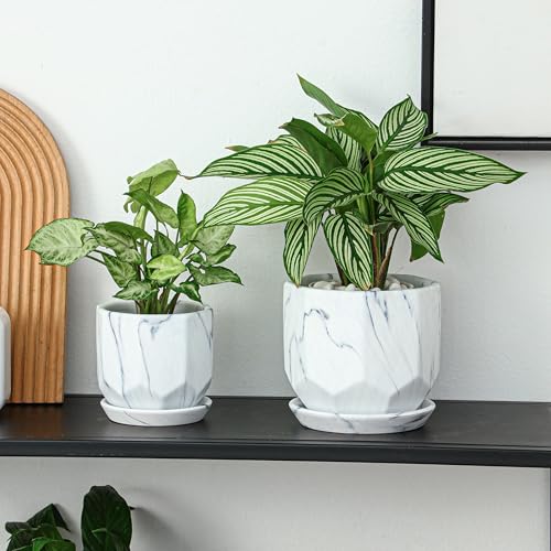 White Plant Pots Set of 2 Planters 4 and 5 Inch with Saucer Tray (Marble White)