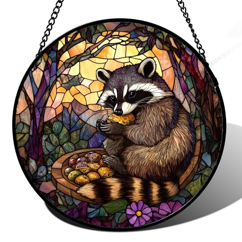 Raccoon Fruit Forest Stained Glass Window Hanging Suncatcher Gifts 9.8" (Dark Brown / 9.8x9.8 IN)