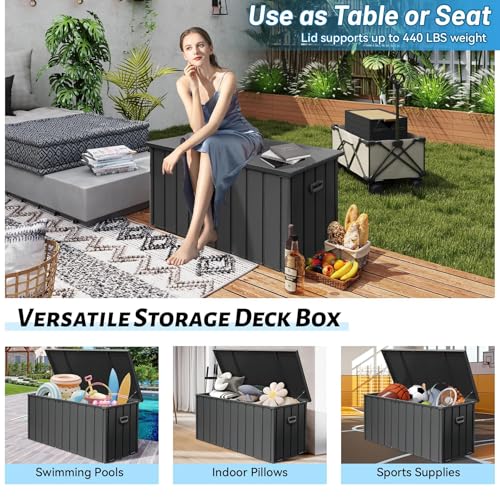Outdoor Metal Storage Deck Box Waterproof 200 Gal Patio Pool Deck Box (Dark Grey)