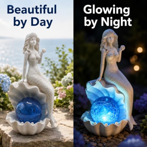 Mermaid Statue Outdoor Decor Garden Statues with Solar Lights (White)