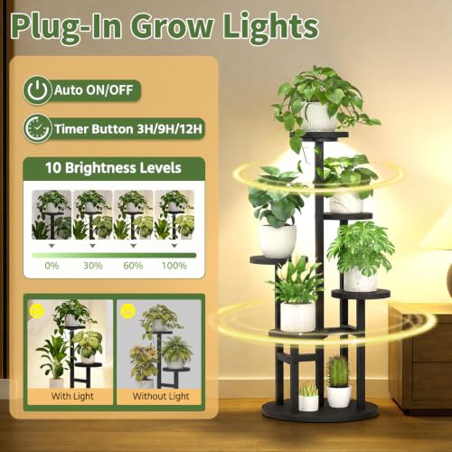 Wood Small Plant Stand Table Indoor Tall with Lights (Natural Black with Light / 5 Tier)