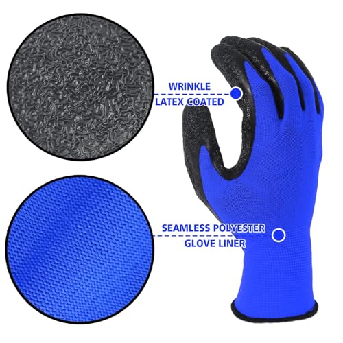 Crinkle Latex Rubber Hand Coated Safety Work Gloves for Men Women General Multi Use Construction Warehouse Gardening Assembly Landscaping (Medium / Blue-120 Pairs)