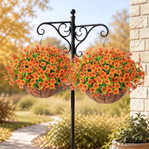 Artificial Fake Fall Hanging Plants Flowers Basket for Outdoor Decor (Orange)