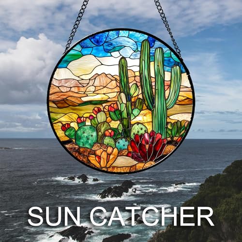 Cactus Desert Flower Stained Glass Window Hanging Suncatcher Gifts 9.8" (Brown and Green / 9.8x9.8 IN)